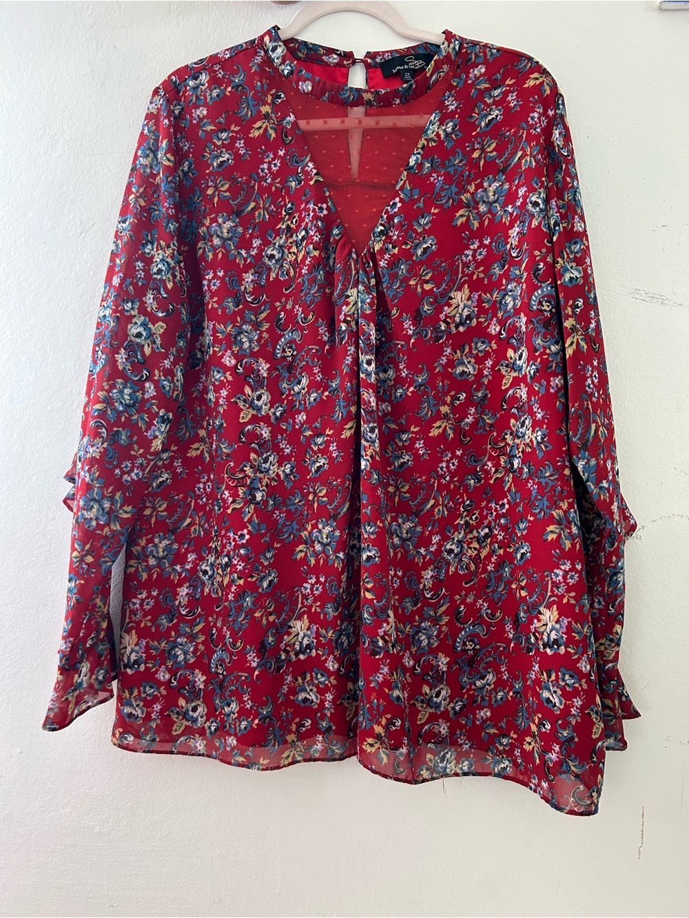 Suzanne Betro Red Floral Tie-Neck Blouse